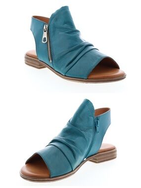 Miz Mooz Dylan Teal Blue Marine Green Leather OpenToe Zipper Sandals Shoes 41
